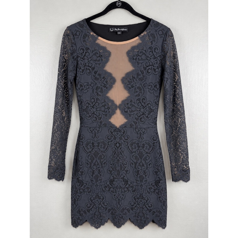 For Love & Lemons Black Lace Long Sleeve Mini Dress Sheer Mesh Panel Size L